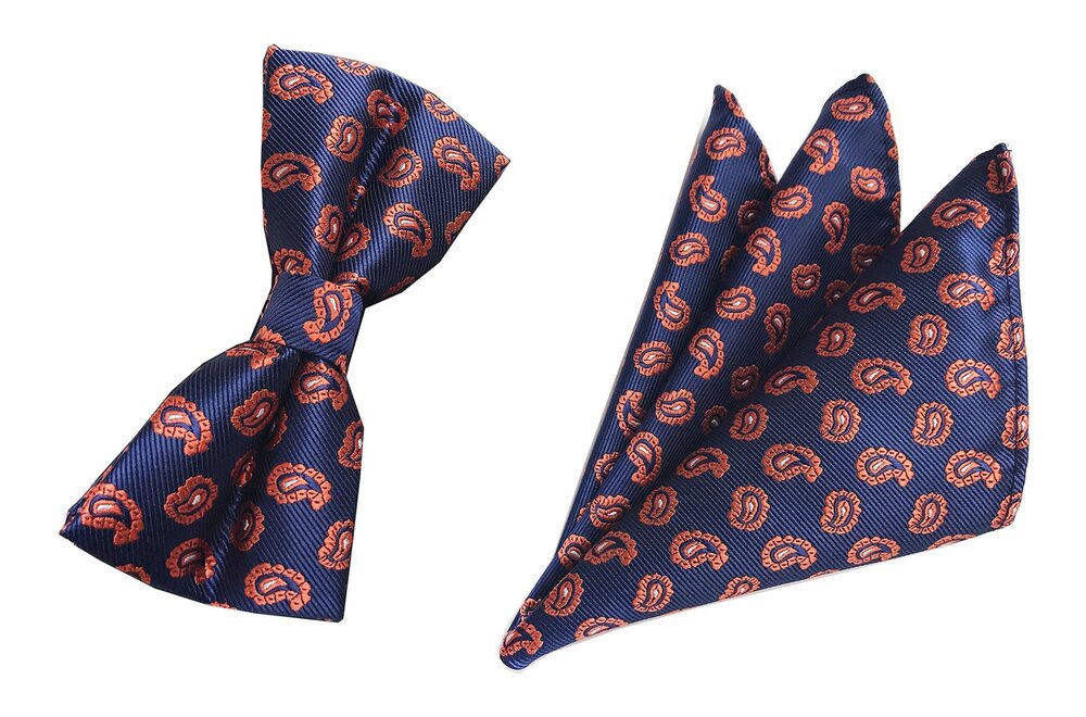 2716 Boy Navy Blue Dark Orange Bow Tie Dances Engagement Repp Paisley